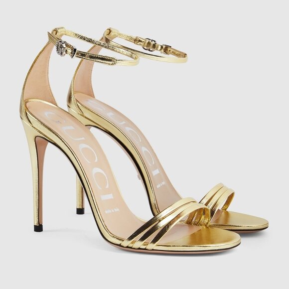 Gucci Crystal Double G buckle Heeled Metallic Sandal - Picture 1 of 13